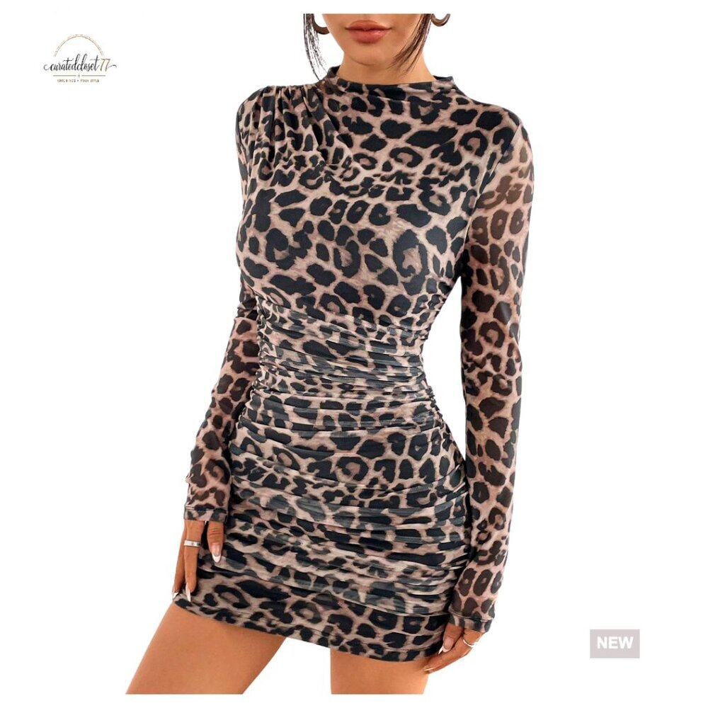 Leopard Print Ruched Bodycon Mini Dress Long Sleeve Mock Neck